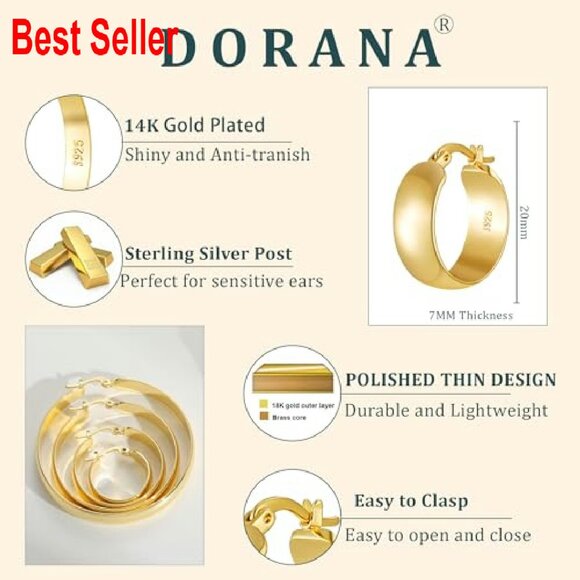 Sterling Silver Hoop Earrings 14K Gold Plated Hypoallergenic Lightweight - Picture 4 of 8